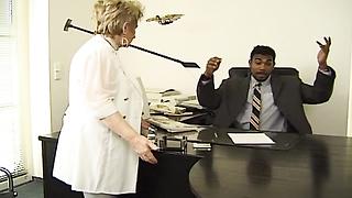 Granny gets owned by a black hunk, down at the office